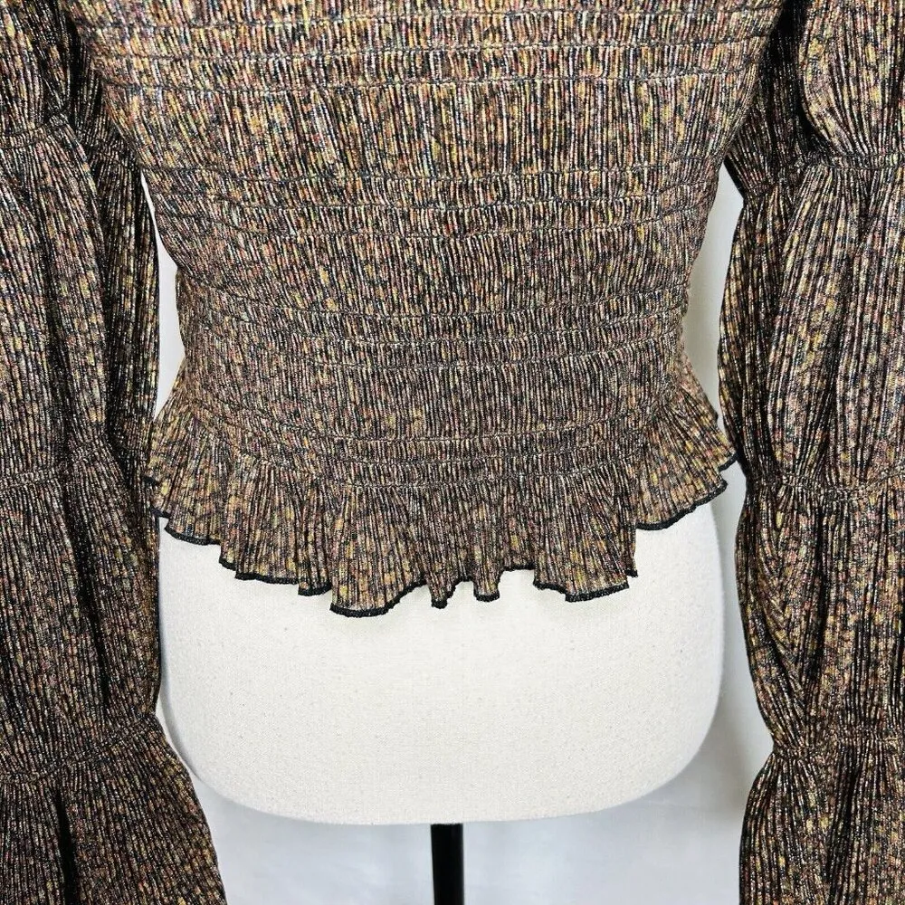 Anthropologie Bubble Sleeve Crop Blouse Top Boho 90s Sz M Brown Black Metallic - Image 8