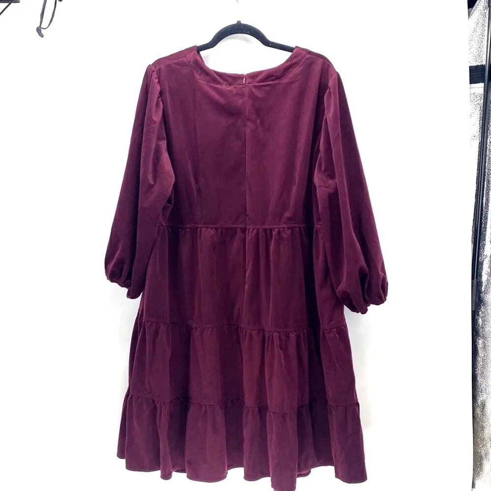 Melonie T Tier Corduroy Dress Wine V Neck Mini Fit Christmas size 20 - Image 2