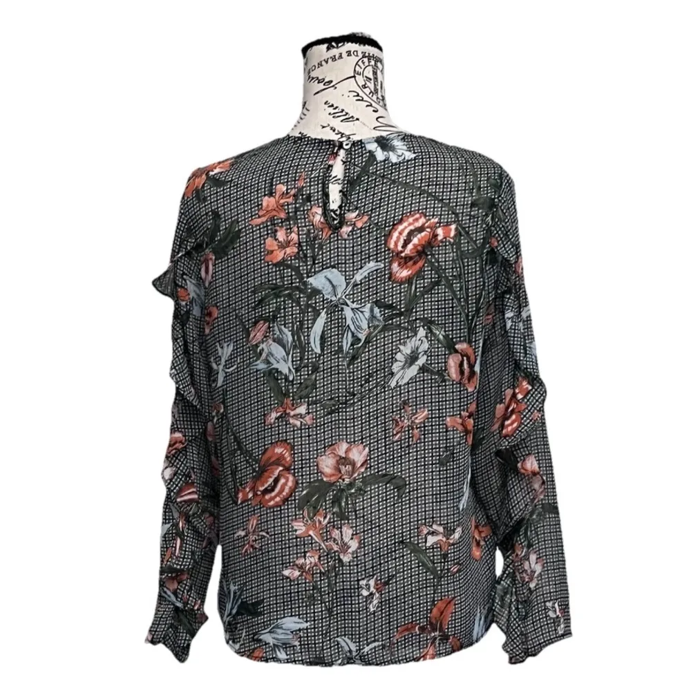 PATPRIMO Black White Floral Sheer Blouse Ruffle Sleeves Dark Coquette Goth Size M - Image 5