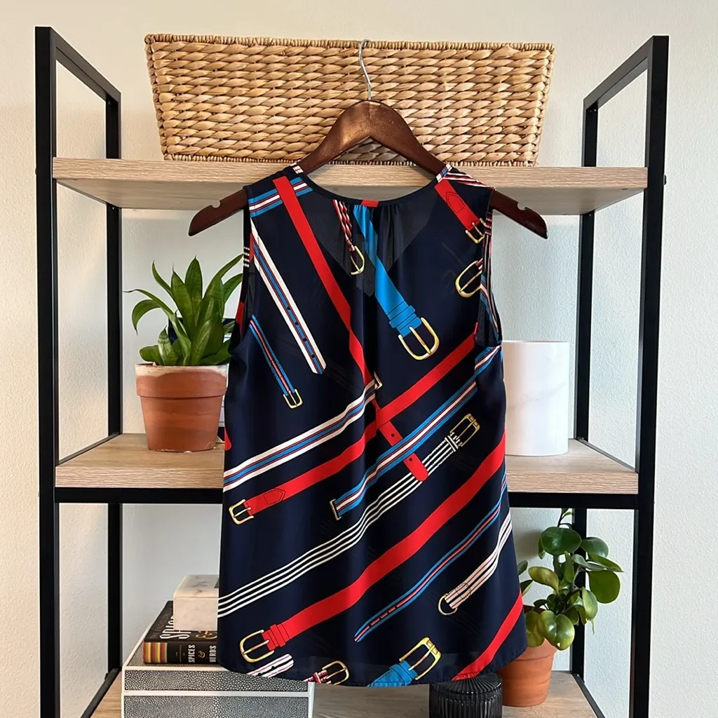 Cabi 5736 Hold Up Navy Belt Print Tie Neck Tank Top Sleeveless Blouse, XS - Image 6