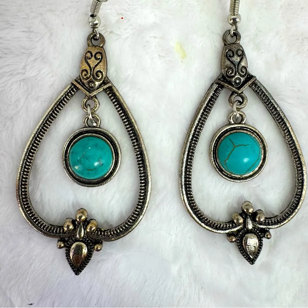 Etched Silver Open Teardrop with Turquoise Stones Boho Dangle Drop Earrings - Image 2