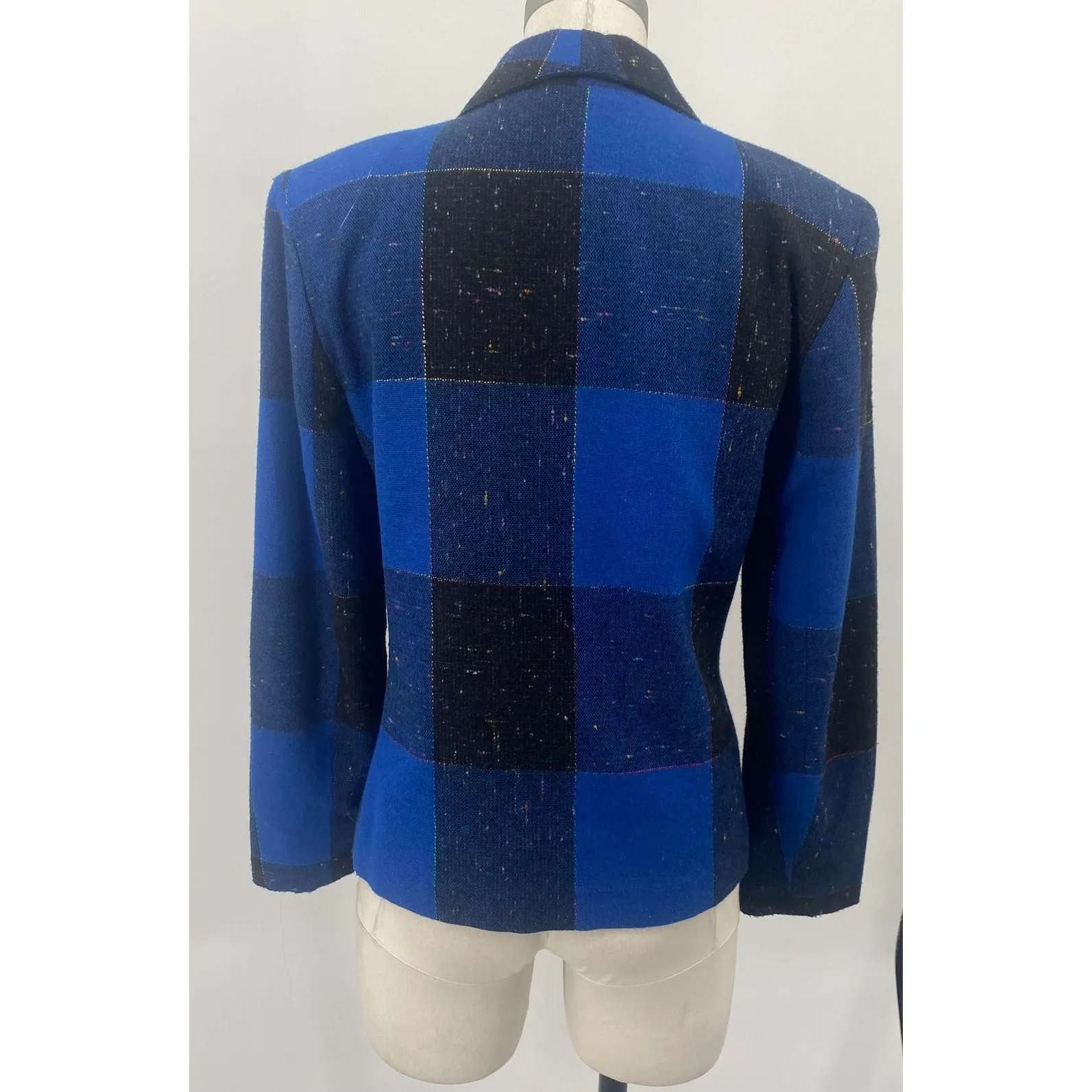 Vintage 80s Plaid Blazer Button Front Speckled Gingham Patterned Blue Womens M Size M - Image 6