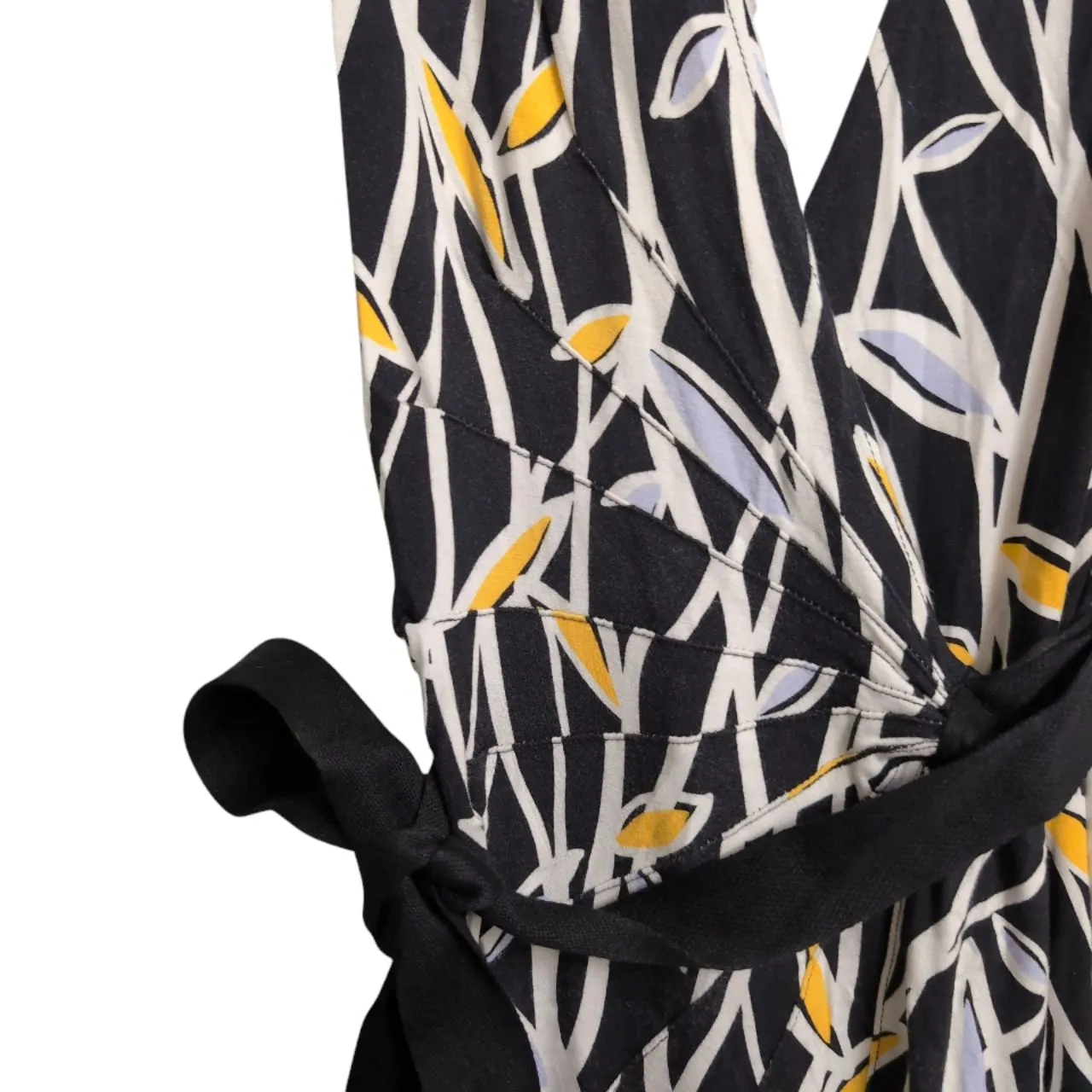 Diane Von Furstenberg DVF Antonio Black Yellow Leaf Print V-Neck Wrap Dress 8 - Image 4
