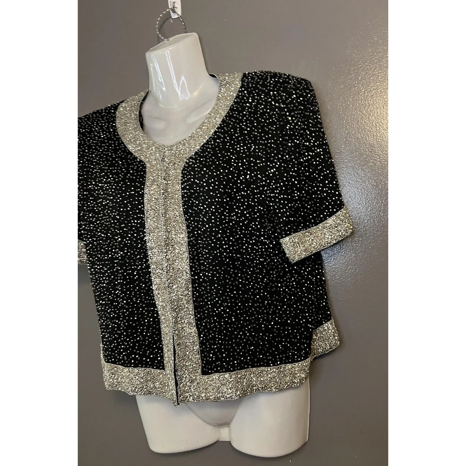 Stenay Petite Jacket Womens Petite Large Black Silver Beaded Silk Evening Party Size undefined - Image 3