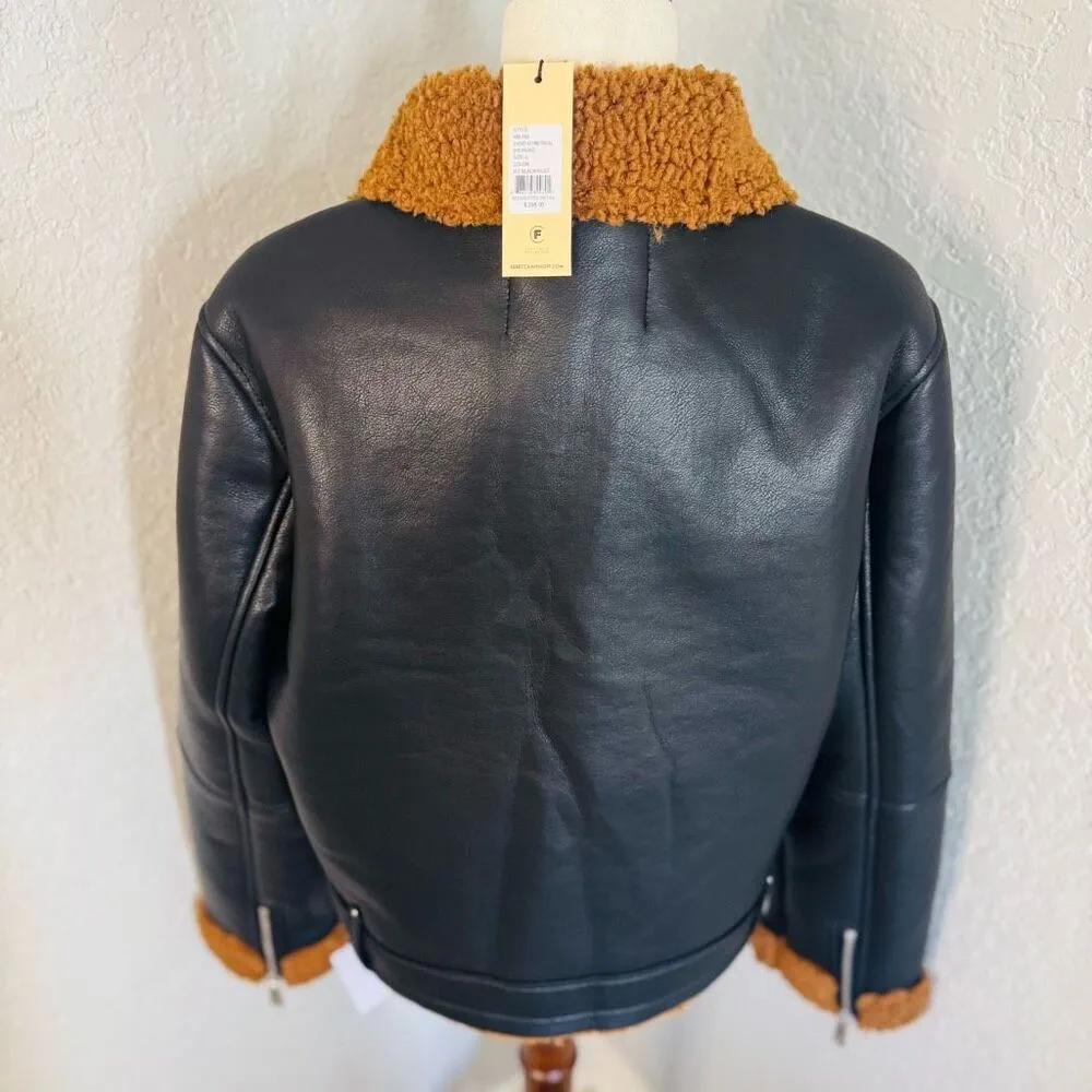 Rebecca Minkoff Faux Shearling Vegan Leather Moto Jacket, Black/Brown, Large NWT - Image 7