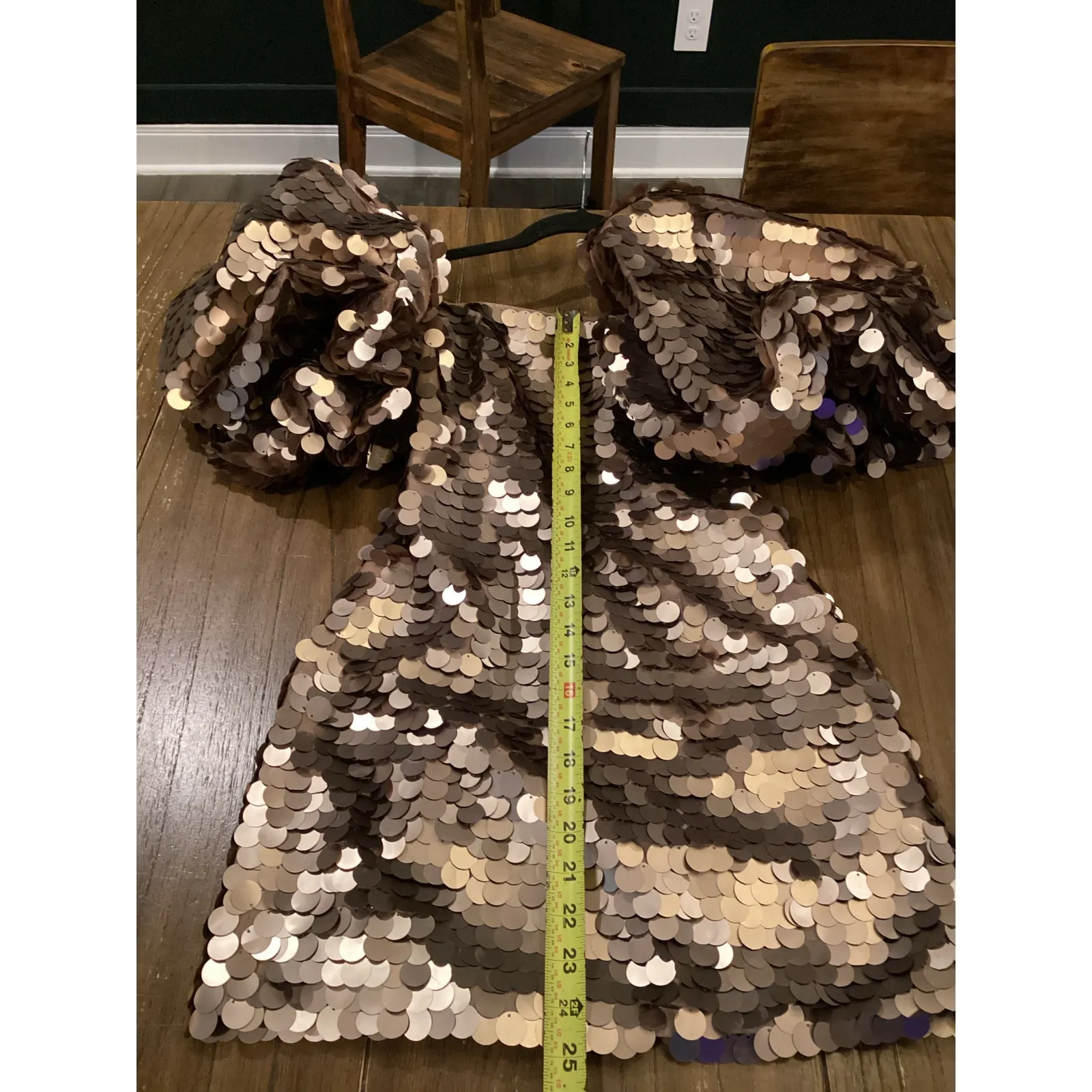 LEO LIN Brenda Gold Brown Sequin Puff Sleeve Statement Piece Mini Dress US 2 NWT - Image 5