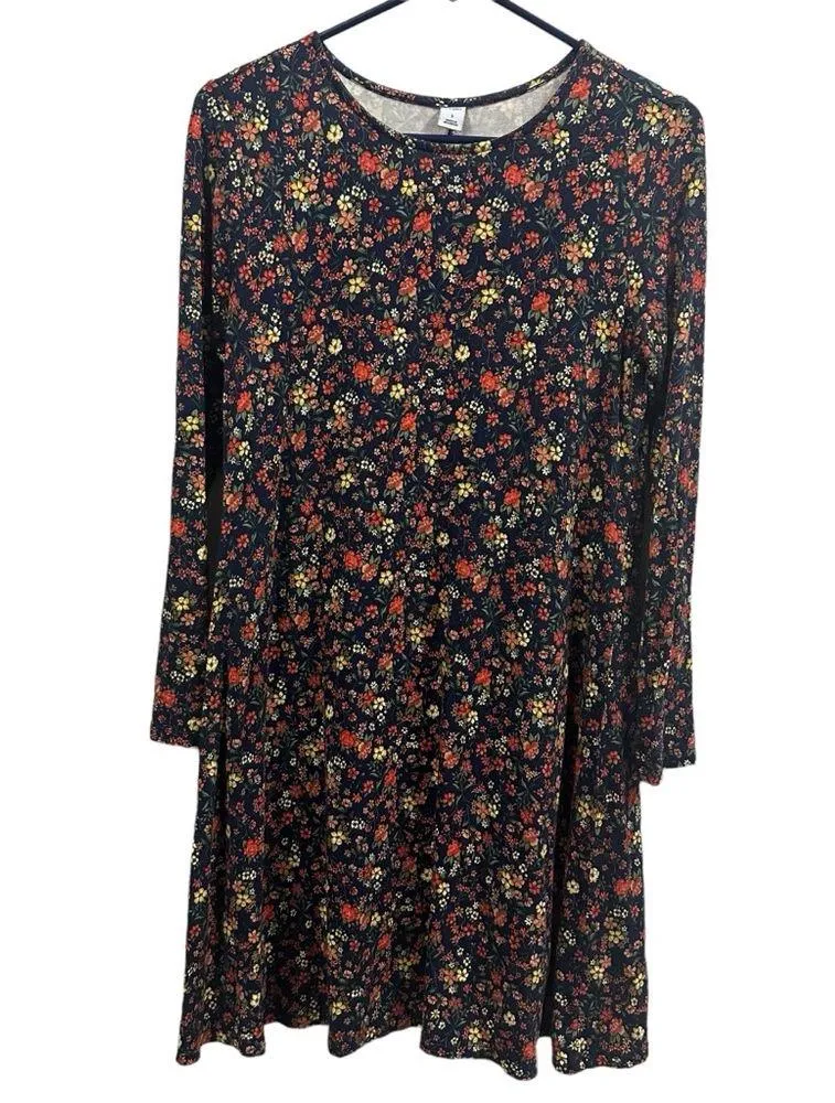 Old Navy Blue Floral Printed Jersey Knit Long Sleeve Swing Dress Womens Small - Image 6