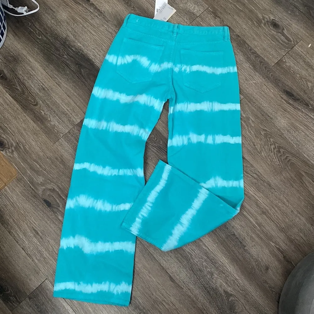 New MNG Teal & White Tie Dye Stripes Denim Wide Leg Jean Punk Trendy Festival - Image 3