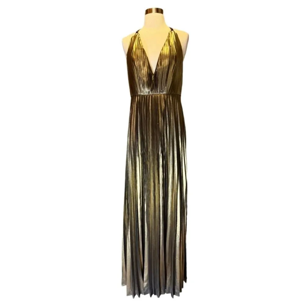 AIDAN MATTOX Pleated Folied Chiffon Halter Gown Bronze Metallic Maxi 4 EUC - Image 17