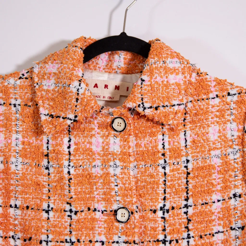 NEW Marni Made In Italy Checked Cotton Blend Tweed And Ribbed Knit Coat Orange 2 - Image 2