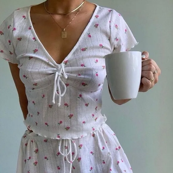 For Love & Lemons Blossom Pointelle Floral Short Sleeve Blouse White/Pink Large - Image 2