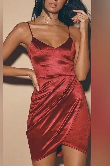 wine satin bodycon dress Selena Lace Trim Satin Mini Dress - Wine