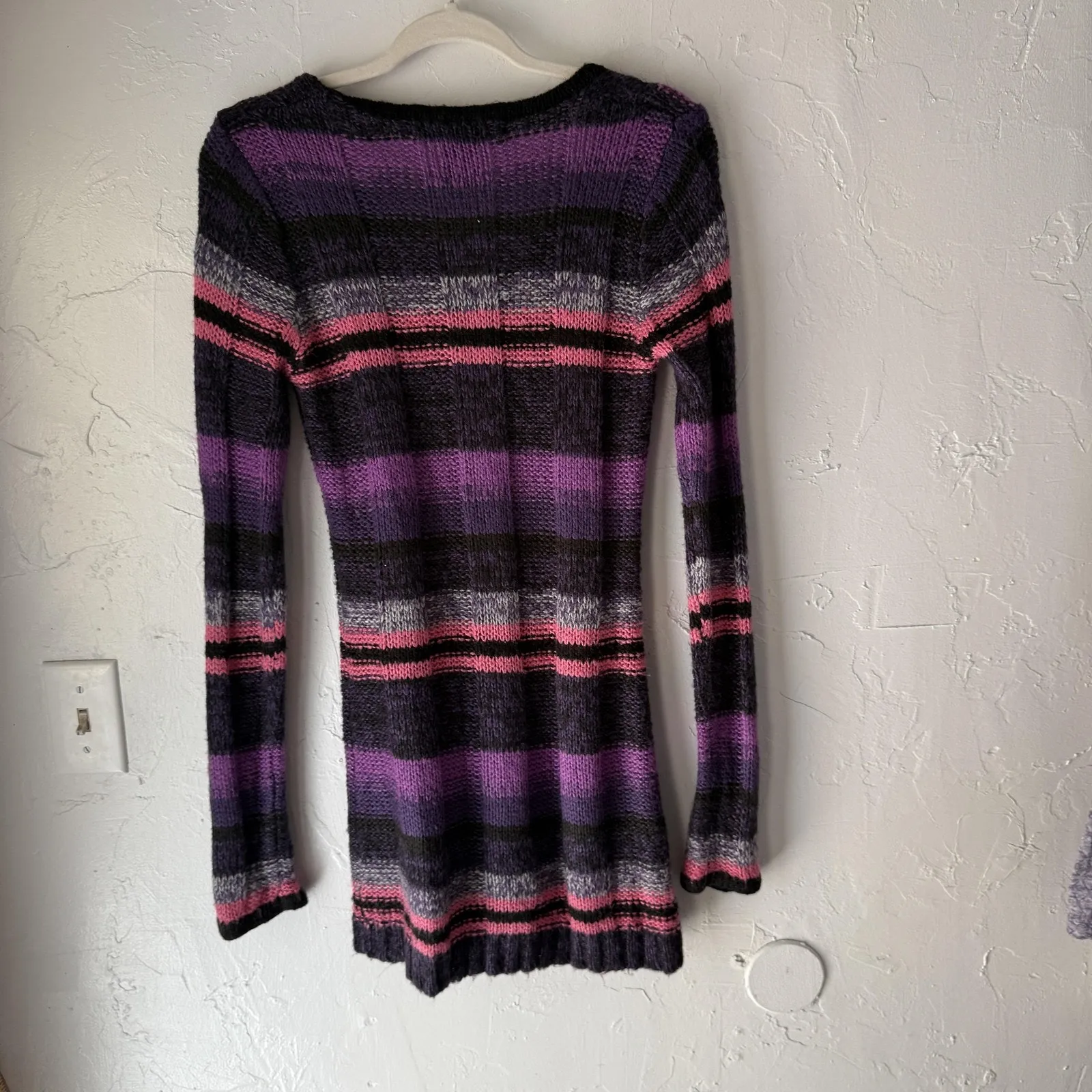Ashley Sweater‎ Y2k Medium Purple Pink Black Striped Knit Long Sleeve Babydoll - Image 8
