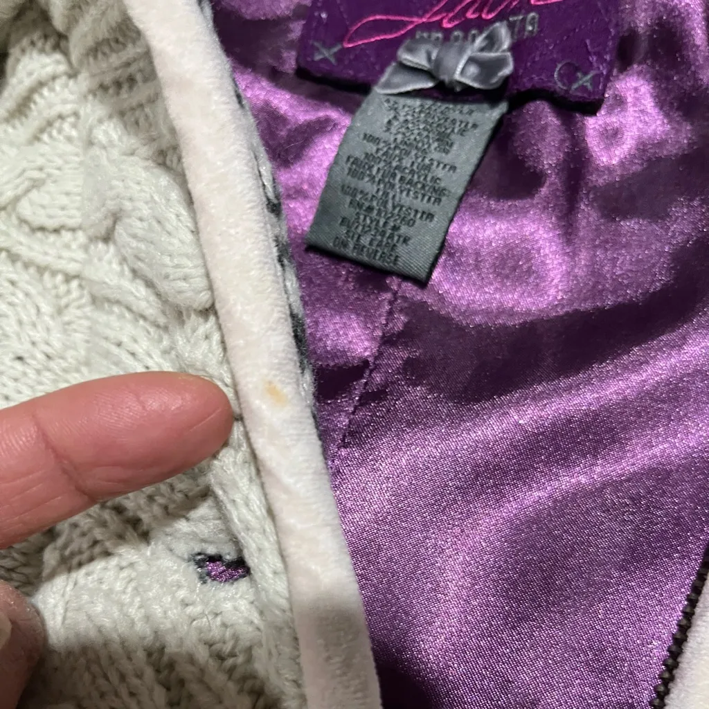 Jack By BB Dakota Cream Classic Knit Gilet Removeable Faux Fur Hood Purple Satin Gray - Image 10