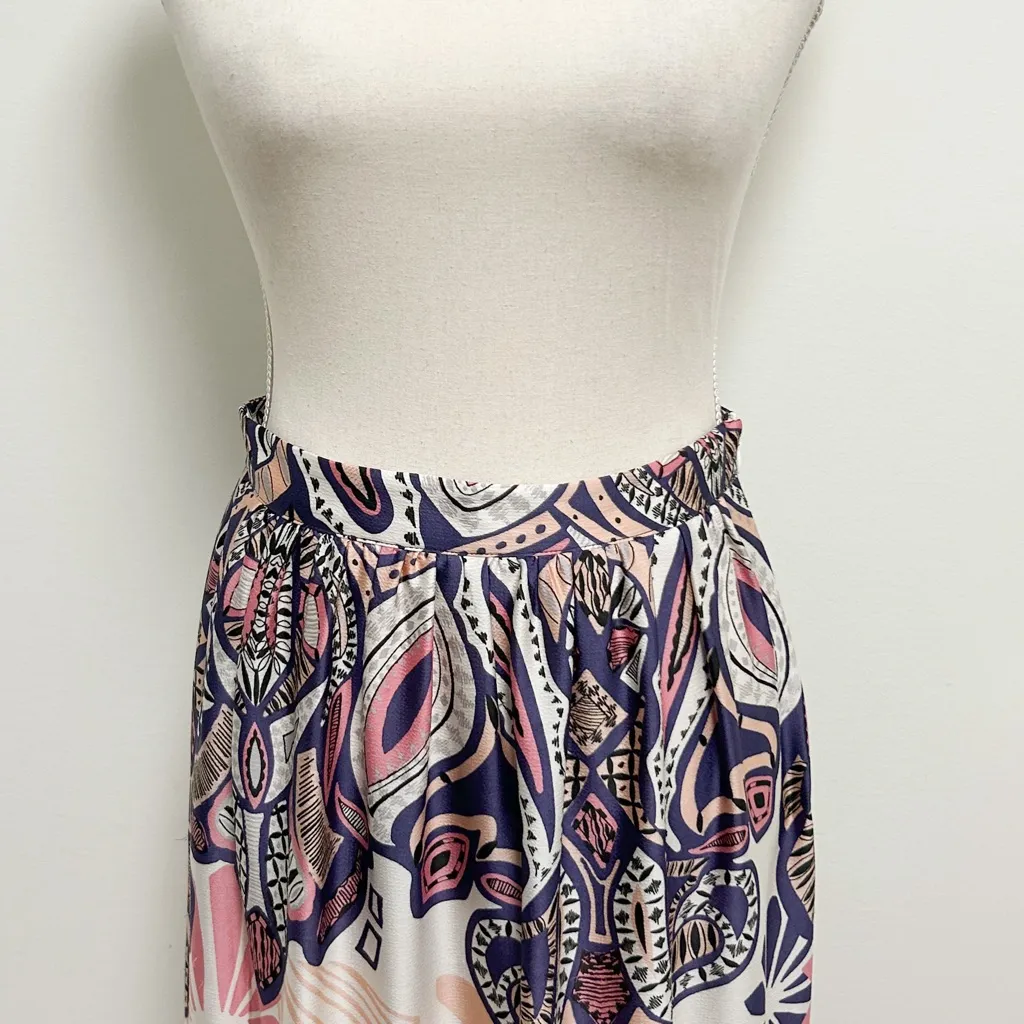 BASH BA&SH Janel Pink Purple Boho Print Lightweight Pleated Satin Midi Skirt - Image 3