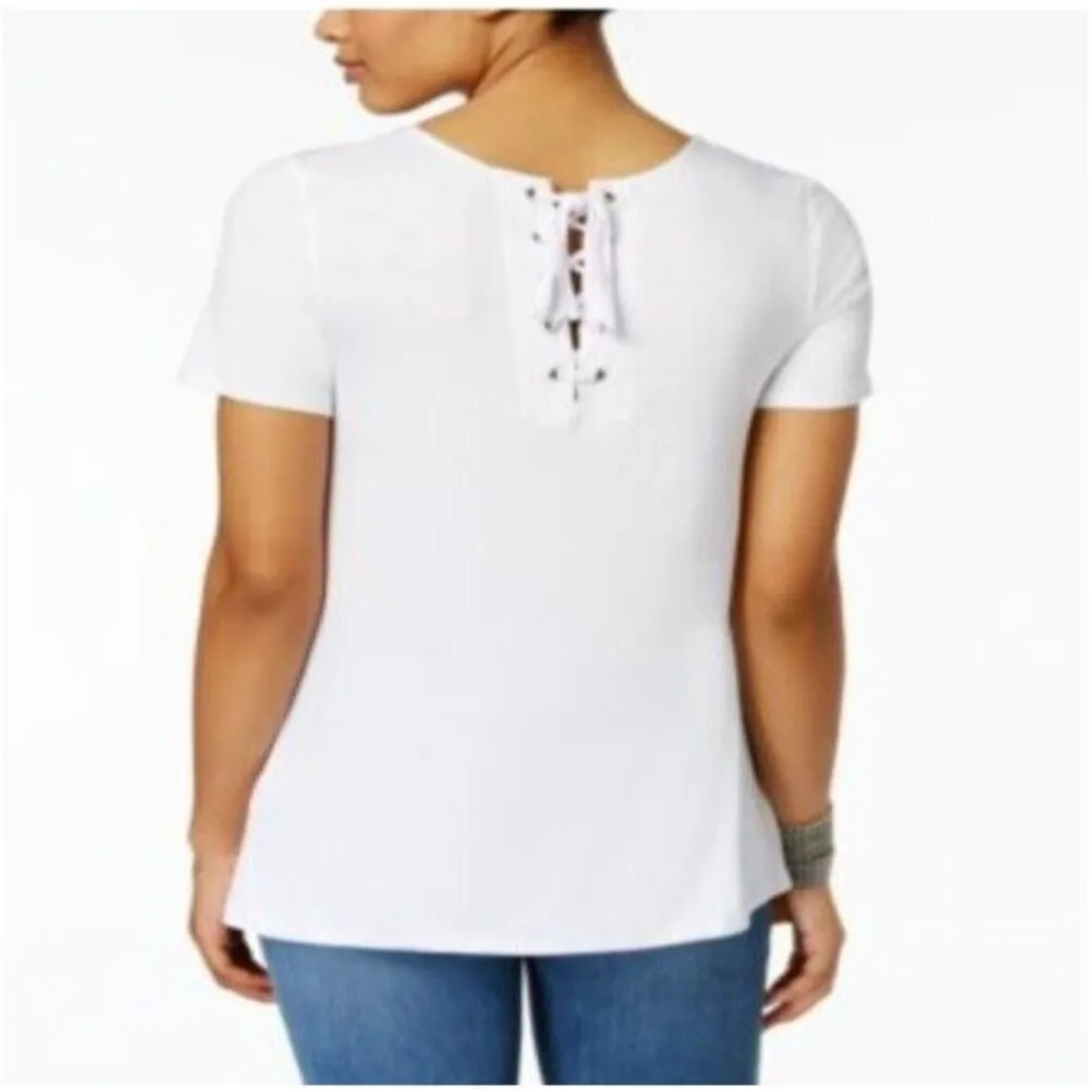 G.H. BASS White Short Sleeve Lace Up Knit Top NWT Medium - Image 5