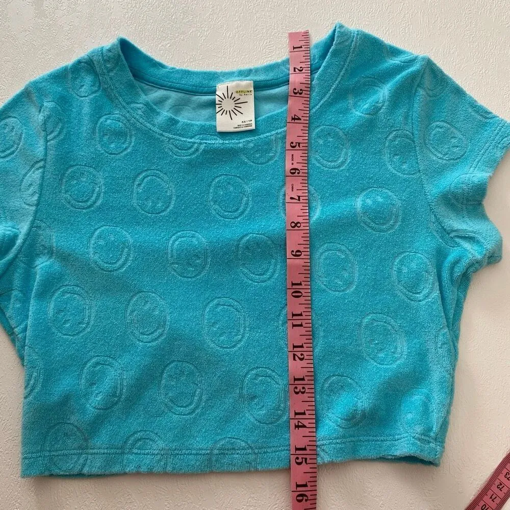 Offline by Aerie Blue Terry Crop Top | Smiley Embossed Short Sleeve Tee XS - Image 4