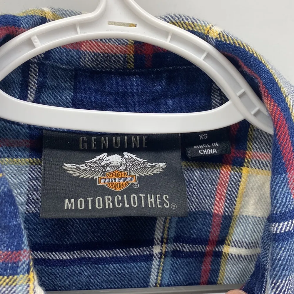 Harley Davidson button up short sleeve plaid semi distressed logo front n back Blue Size XS - Image 4