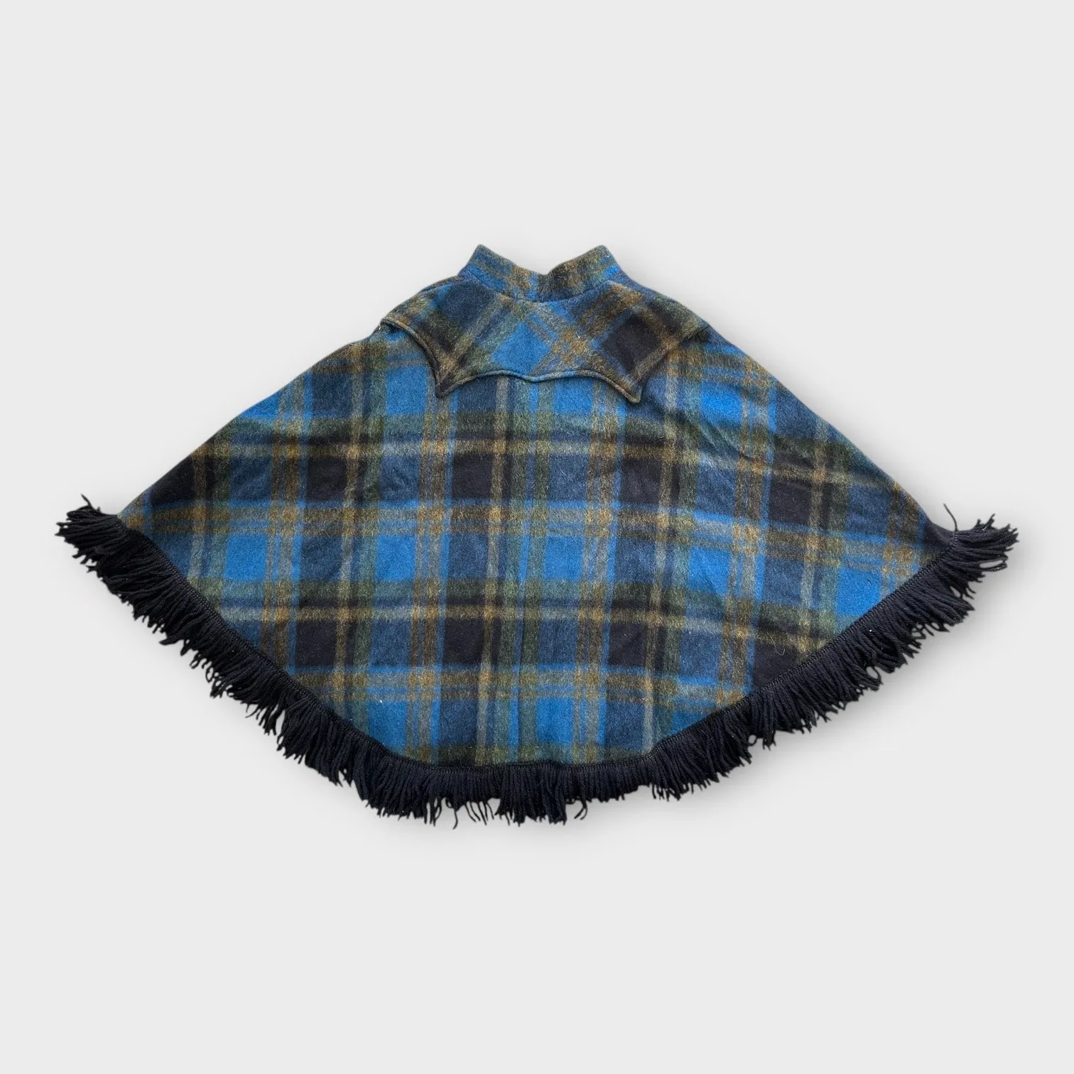 Vintage 70s Trego’s Westwear Plaid Wool Fringe Poncho Cape Blue | Size M Western Size M - Image 5