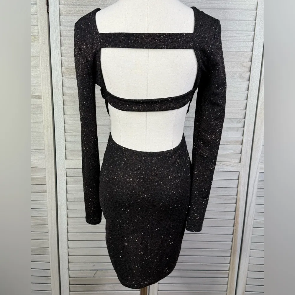 WINDSOR Cutout Mini Dress V Neck Long Sleeve Bodycon Black/Copper Shimmer-M - Image 4
