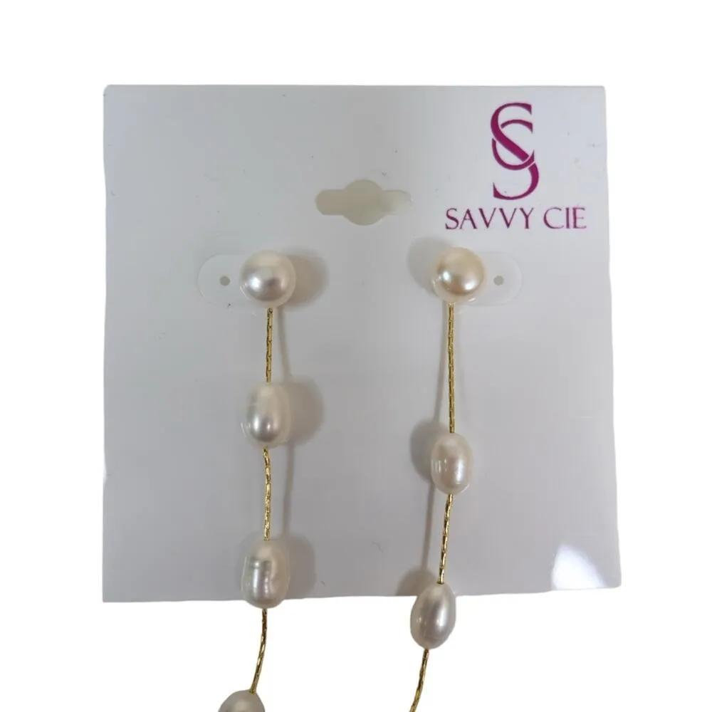 SAVVY CIE JEWELS Freshwater Pearl Linear Drop Earrings 18K Gold Plated NEW - Image 4