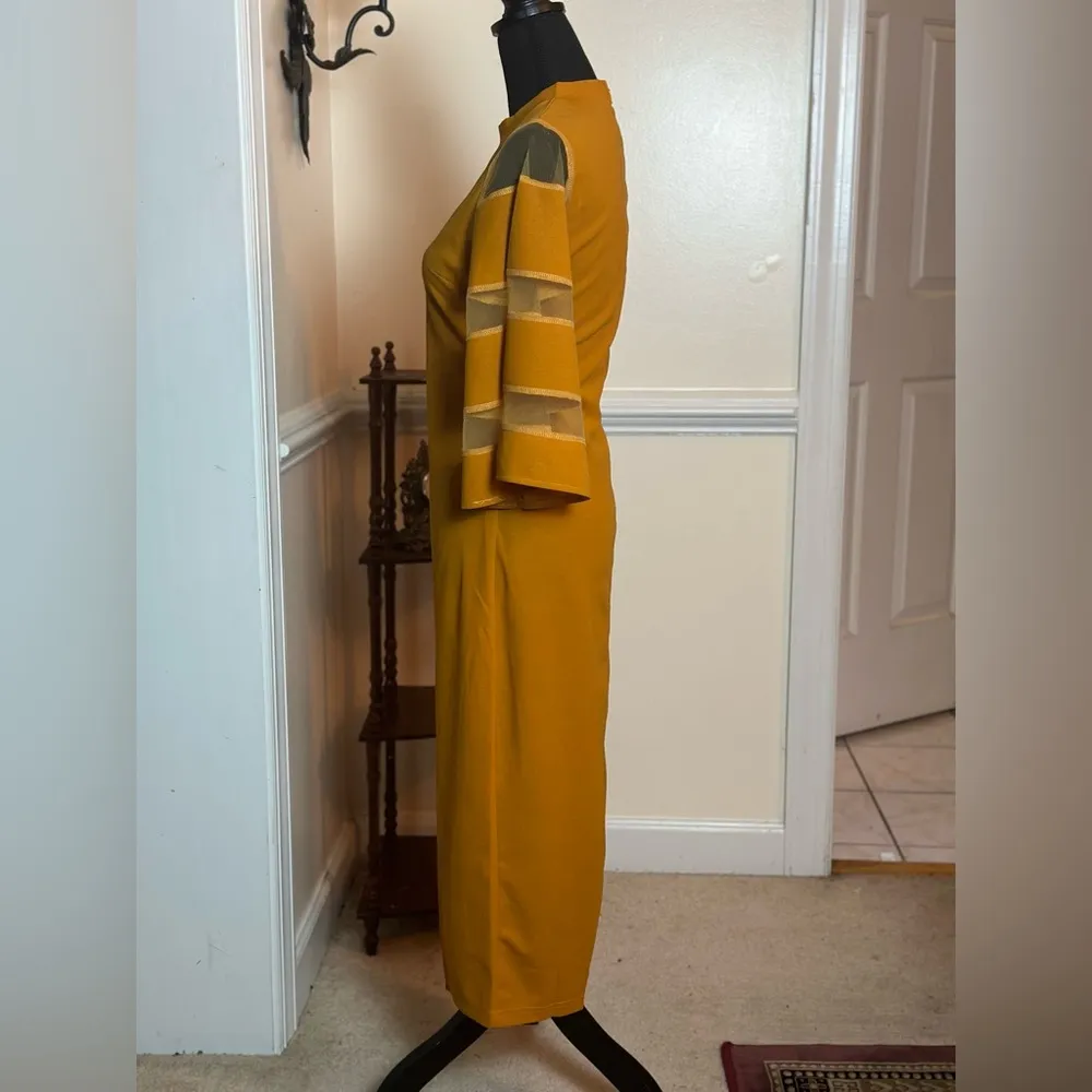 Solid Contrast Mesh Sleeve Split Hem Fitted Dress - Image 4