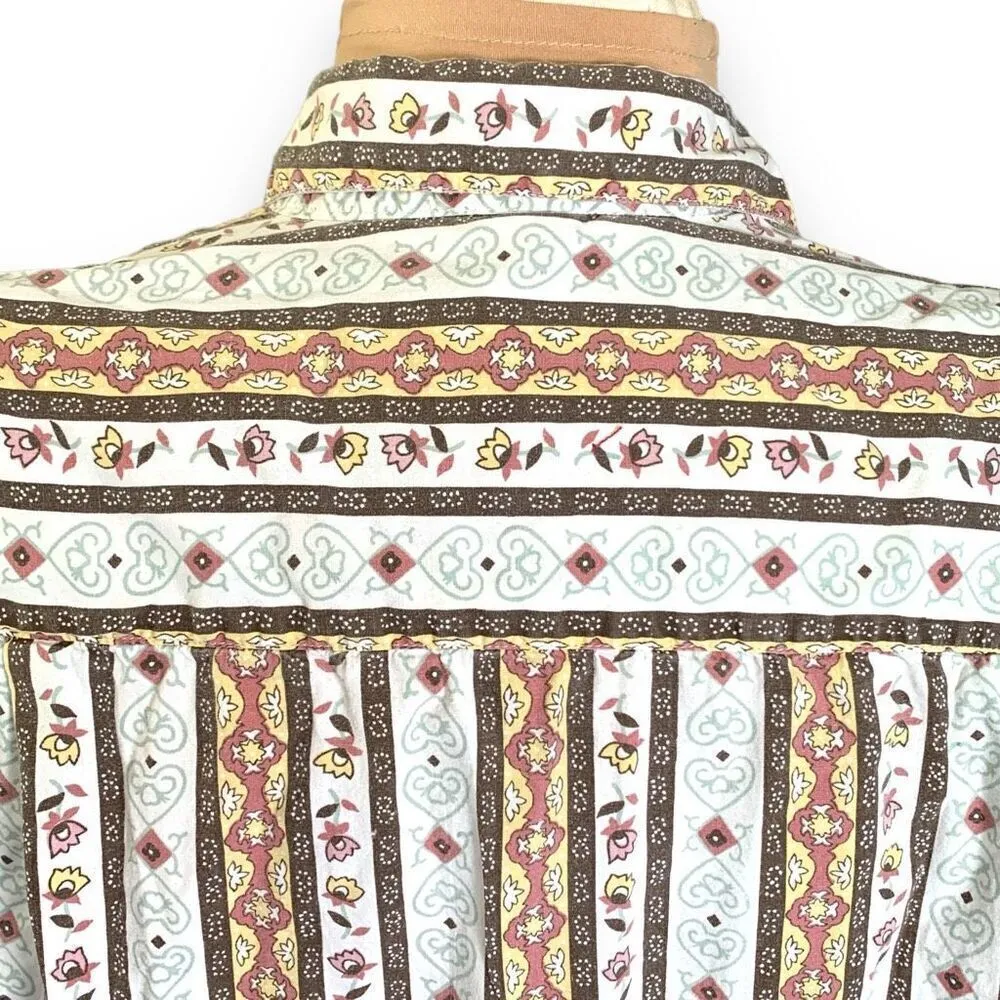 Vintage Maggie & Max White Brown Floral Button Front Long Sleeve Collared Boho White Size M - Image 4