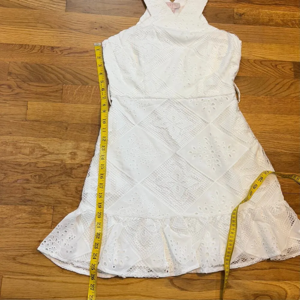 Ciebon Women Medium White Lace Patchwork Floral Criss Cross High Neck Mini Dress - Image 4