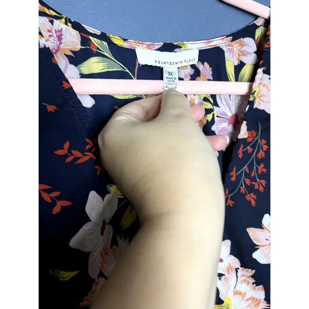 Fourteenth Place Hawaiian Floral Print Button Elastic Waist Bell Sleeve Top Blue - Image 7