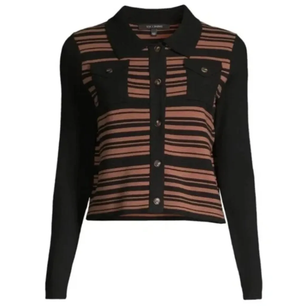 Toccin Addy Striped Collared Cardigan Jet Cedar Medium Saks Designer Knit Black - Image 9