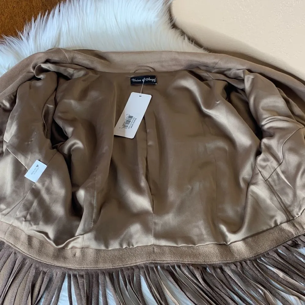 Union Of Angel Tan Fringe Faux Brushed Suede Shawna Jacket Size Medium - Image 11