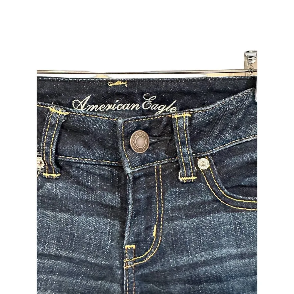 American Eagle Dark Wash Low Rise Raw Hem Cut Off Stretch Denim Jean Shorts 0 - Image 2