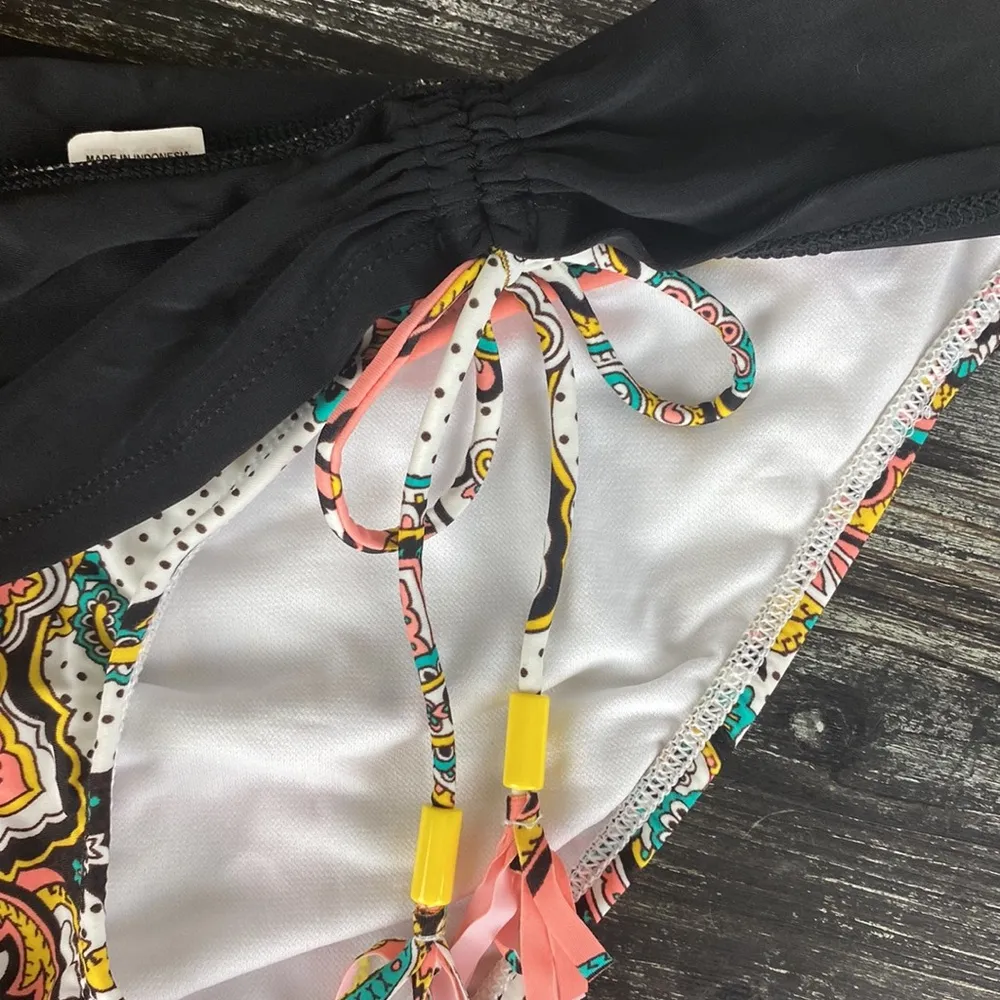 Paisley Print Fold Over Waist Side Ruched Tie Swim Bikini Bathing Suit Bottoms Black Size XL - Image 3