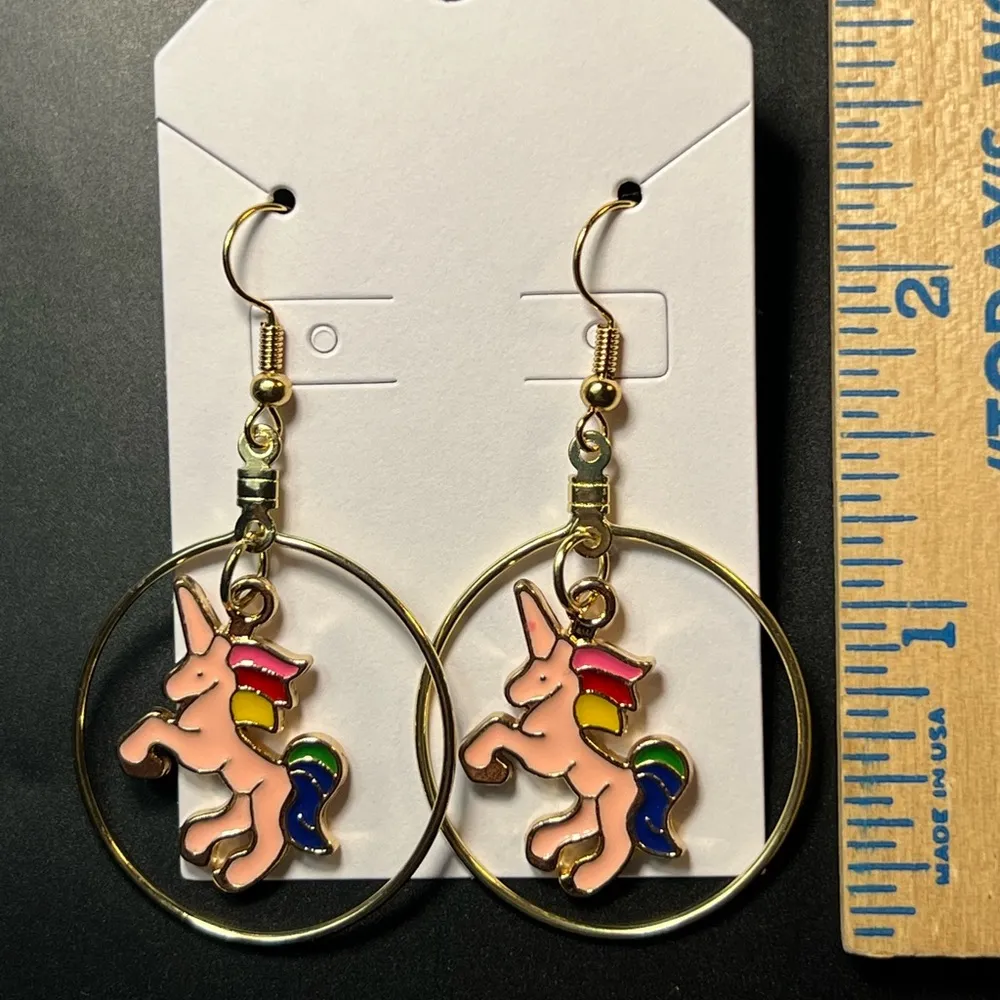 Pink Unicorns Gold Tone Dangle Pierced Earrings New - Image 2