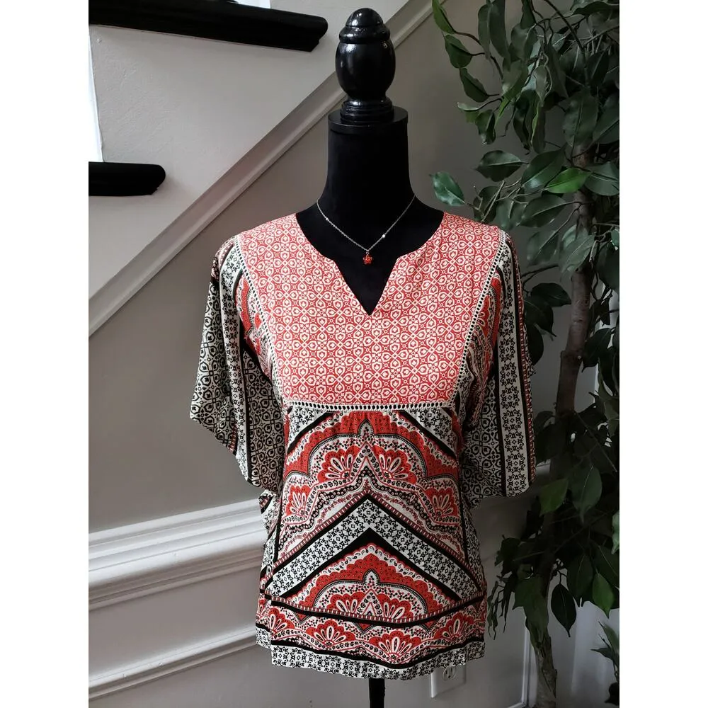 Cato Blouse Women M Red White Black Geometric Print Boho Rayon Cotton Top - Image 2