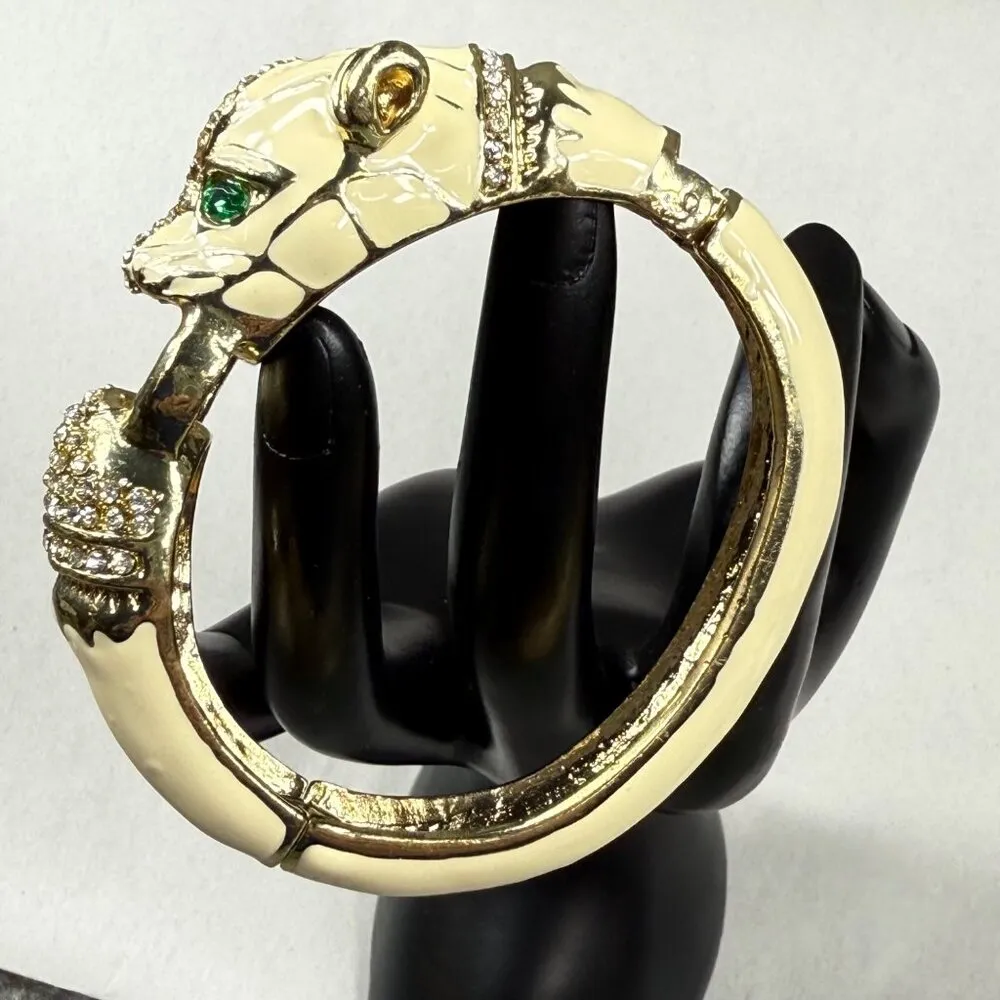 Vintage Jaguar Panther Head Clamper Style Bracelet Green Eyes Rhinestone Enamel - Image 8