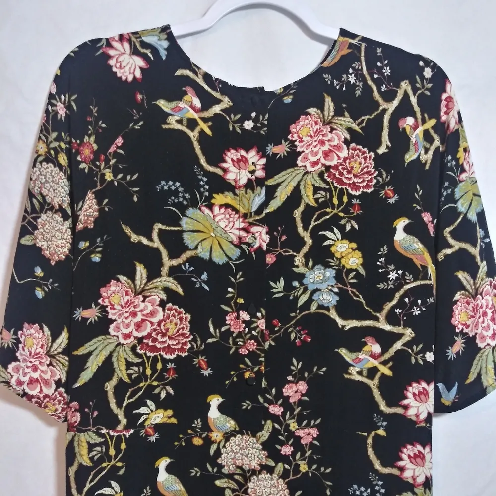 GP&J Baker x H&M Midi Shift Bohemian Dress Black Floral Birds Casual Size L - Image 2