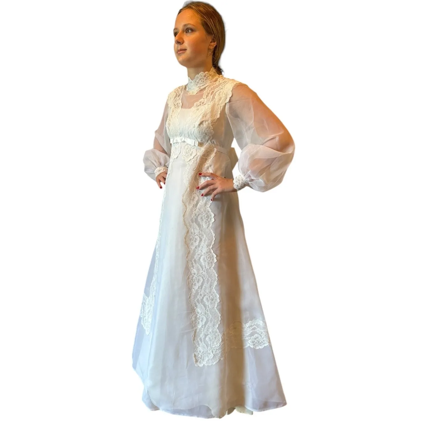 Vintage 1970s Sheer Lace High Neck Bridal Wedding Gown with Bow Detail XS White - Image 4