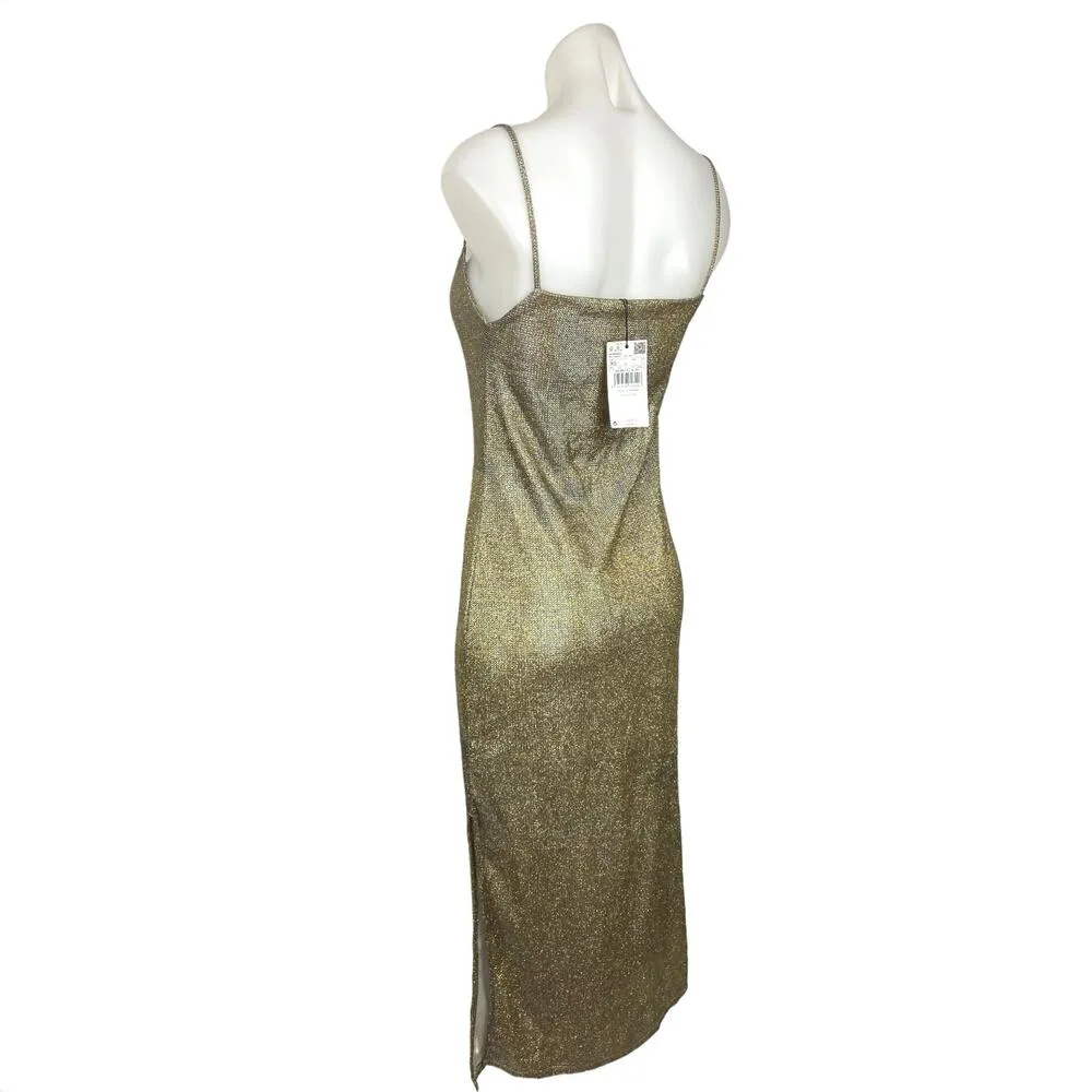 NEW MNG Mango Gold Sleeveless Slit Glitter Holiday Party Slip Midi Dress Size XS - Image 5