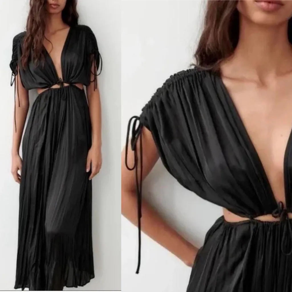 Zara NWT black drawstring sleeve cut out satin maxi dress - Image 2
