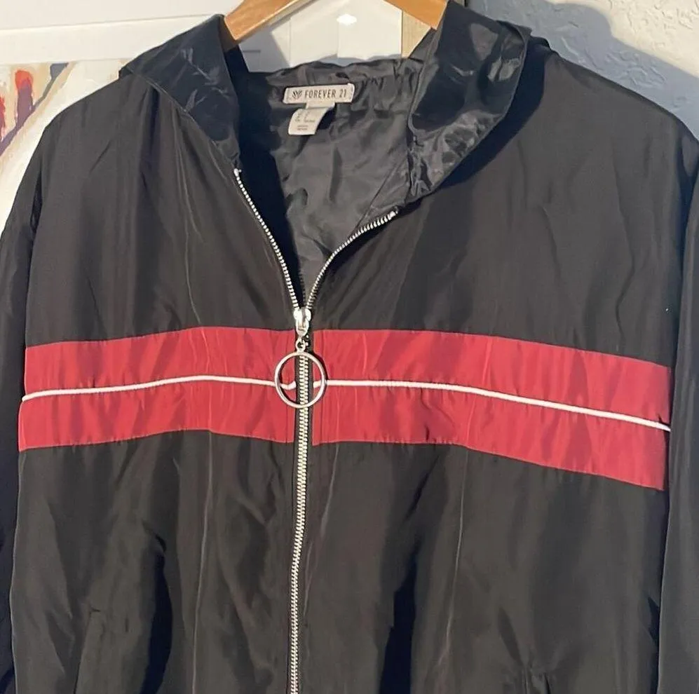 Forever 21 Crop Stripe Black Hooded Windbreaker Y2K Retro 90s - Image 2