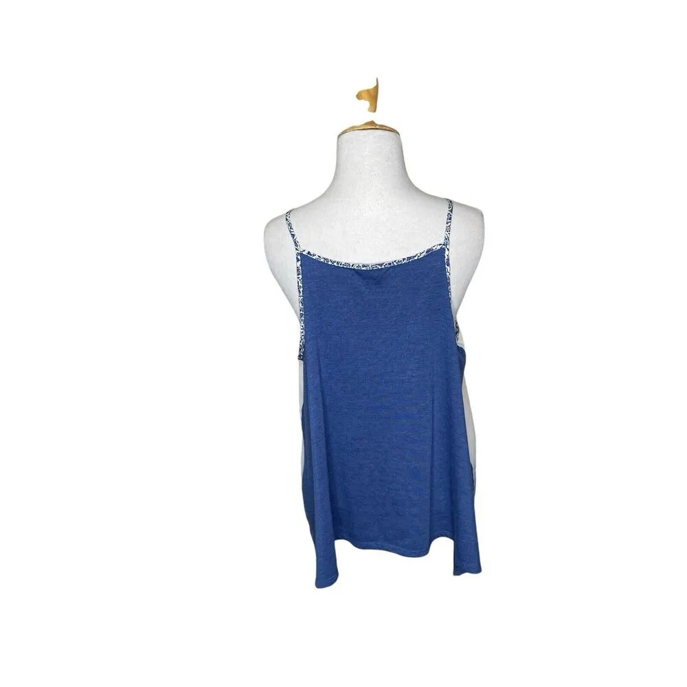 Jolt Sleeveless Blue White Striped Lace Keyhole Tank Blouse Size Large Women's - Image 3