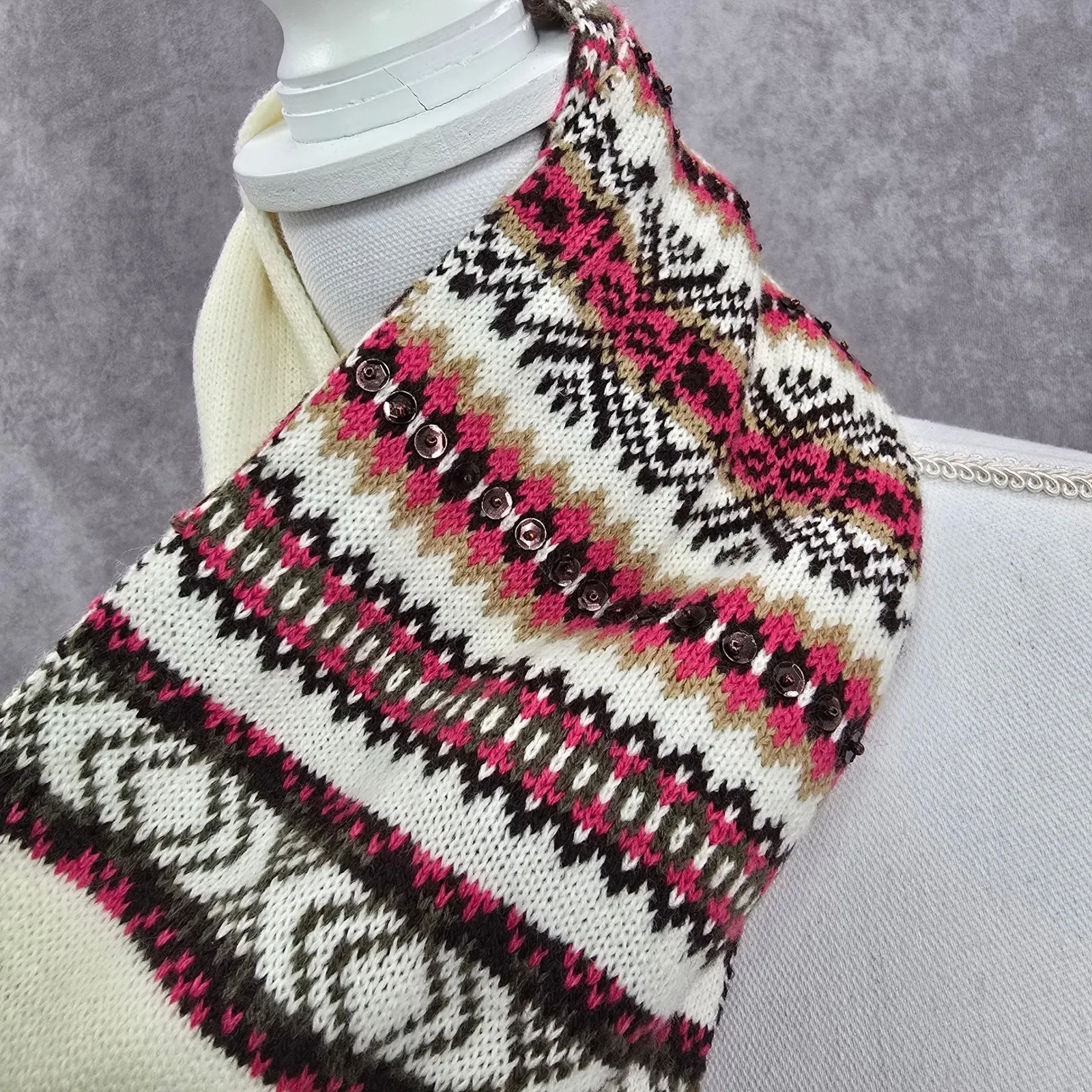 Y2K Vintage Multicolor Sequin Knit Cottage Granny Swan Cozy Wrap Shawl Scarf OS White - Image 5