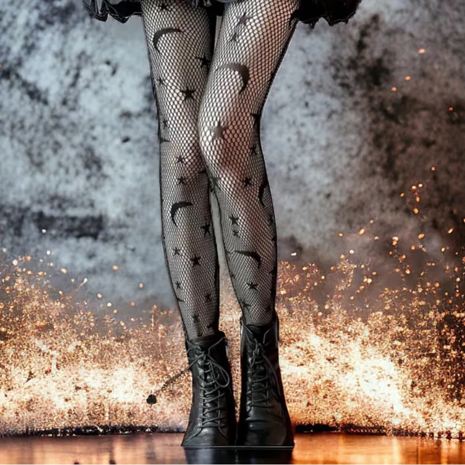 Black Moon & Star‎ Pattern Fishnet Tights, Cut Out High Waist Mesh Pantyhose - Image 14