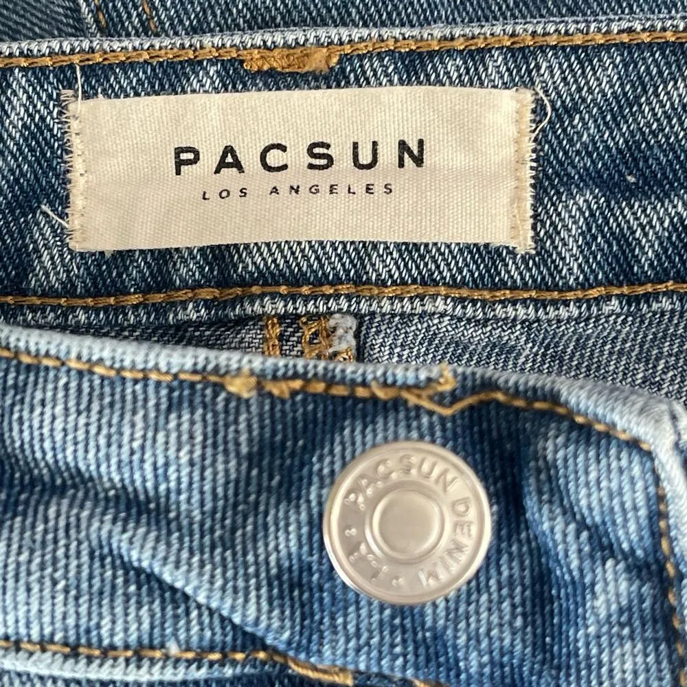 PacSun SZ 28 High-Rise Jean Shorts Lace-Up Sides Frayed Hems Medium Wash Blue - Image 4