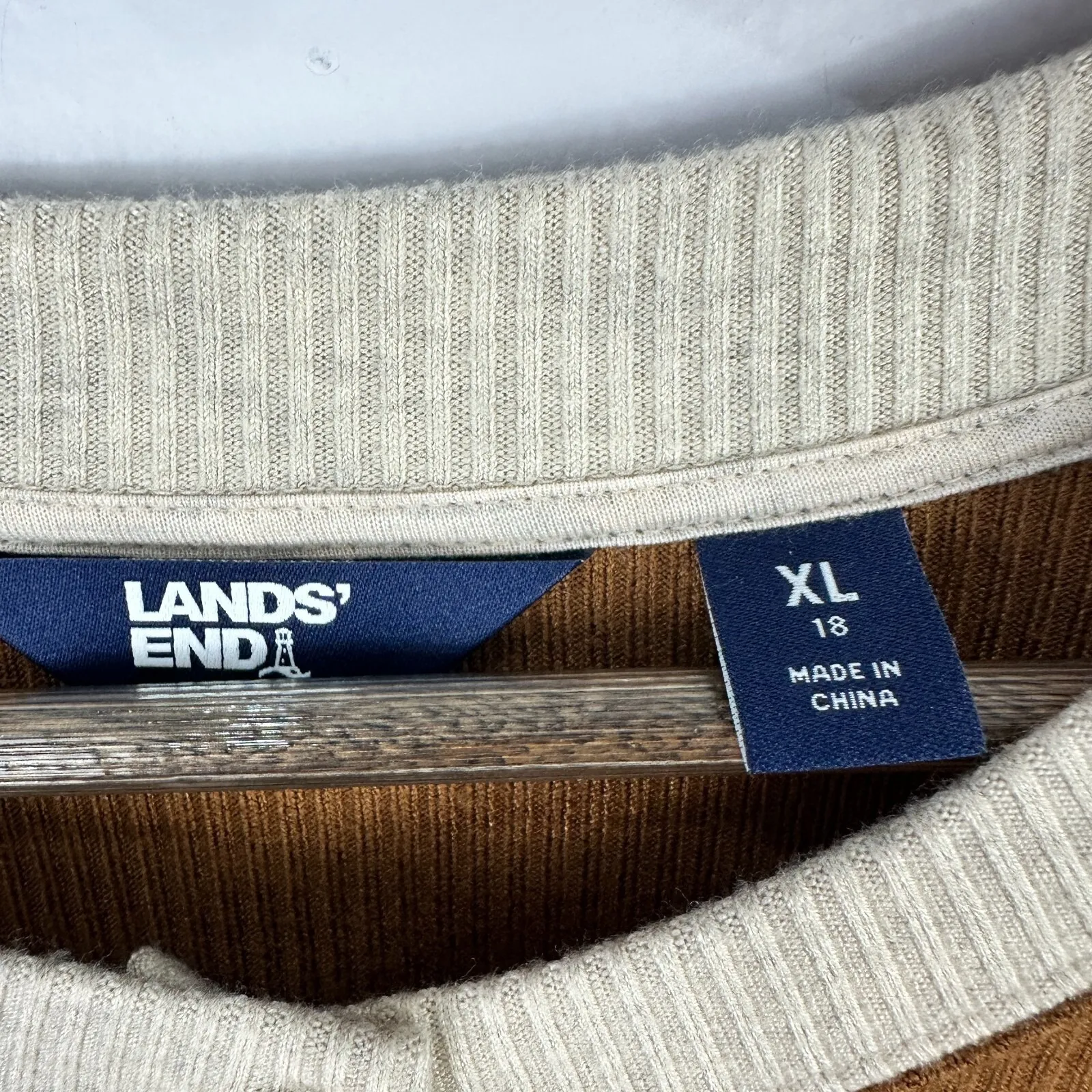 Lands'‎ End Henley Shirt Womens XL Beige Brown Stripe Ribbed Retro 70s Cabincore Tan - Image 3