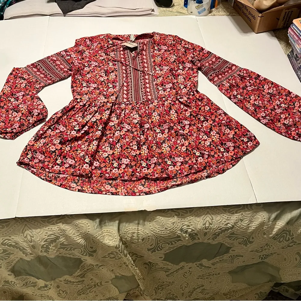 Roper Womens SZ Small Red Multicolored Floral Peasant Blouse Long Sleeve Top NEW - Image 13