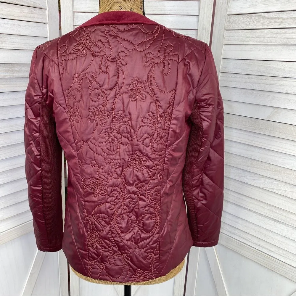 Zenergy by Chico’s Quilted Embroidered Puffer Moto Jacket Maroon Red Small - Image 4