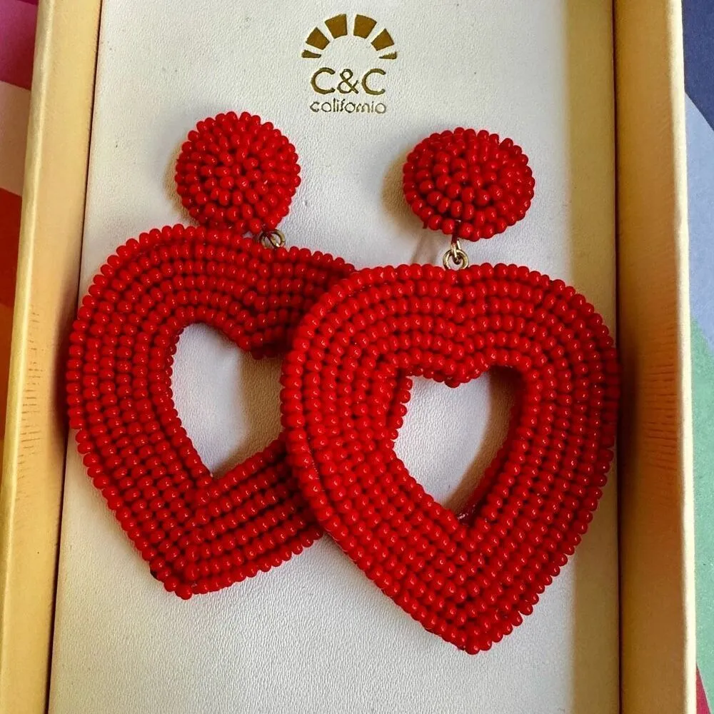 C & C California red hand beaded heart statement earrings - Image 2