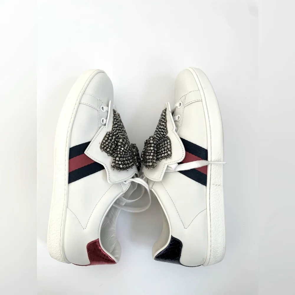 Gucci White Leather Ace Embellished Bow Patch Web Stripe low top sneakers EU38.5 - Image 7